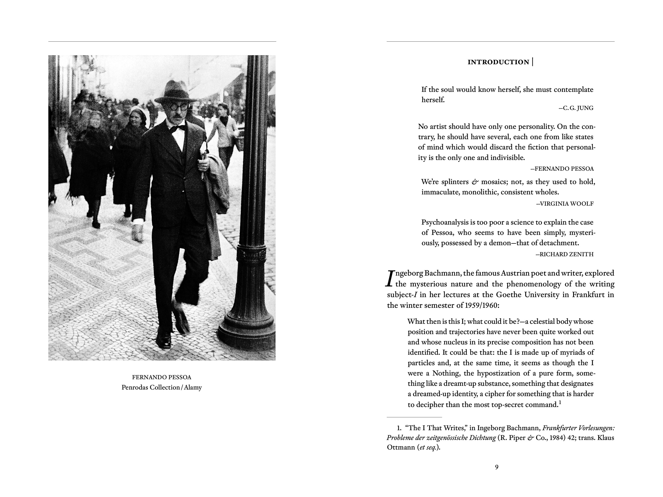 sample book spread with image of Pessoa walking in the streets of Lisbon
